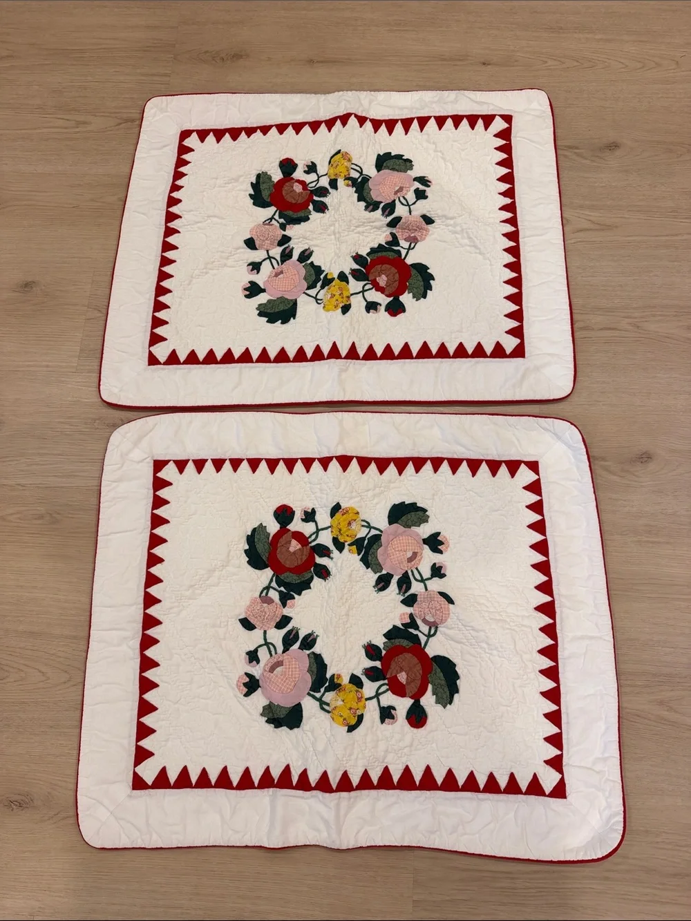 Vintage Floral Appliqué Quilted Pillow Cases - Red & Pink Wreath Design
